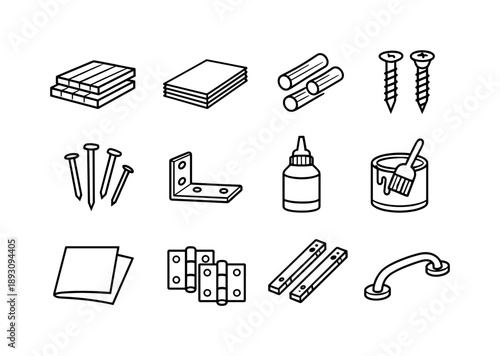 Furniture Making Icons. Furniture making materials. Line icon set of Furniture making materials: wood boards, plywood sheet, dowels, screws, nails, brackets,