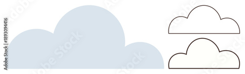 Weather forecasting, data storage, cloud computing, environmental design, icon development, digital communication. A large shaded cloud with two outlined cloud variations. Weather forecasting