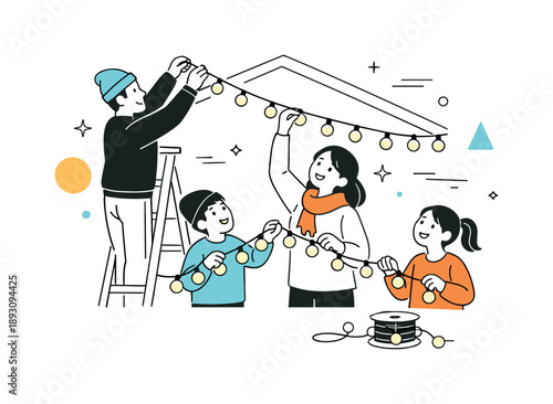 Festive Family Decorating. Putting up Christmas lights. Family members decorating a home with string lights, reaching up and smiling together. Warm holiday