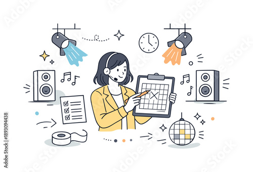 Event Planning Vibes. Dance floor and event planning. A lively editorial scene of an event planner reviewing a dance floor layout with lights and speaker icons