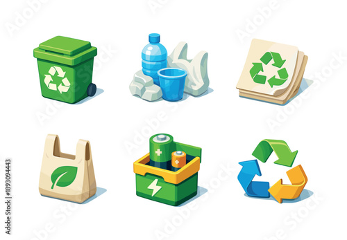 Eco Recycling Icons. Eco recycling icons. Isometric flat vector icons set of Eco recycling icons: eco bin with symbol, plastic container waste, recycled paper