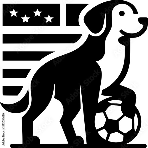 Patriotic Pup and Soccer Ball: A charming illustration featuring a loyal dog proudly standing with a soccer ball, set against the backdrop of the American flag, blending sports and patriotism.