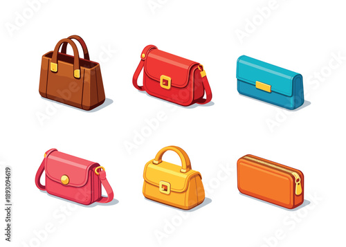 Colorful Handbag Icons. Handbag. Isometric flat vector icons set of handbag: leather tote bag, shoulder handbag, clutch purse, crossbody bag, small handbag