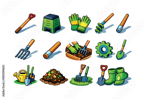 Compost Tool Icons. Compost Tools. Colorful isometric vector icons set of Compost Tools: pitchfork handle, compost bin, garden gloves, turning tool, soil fork,