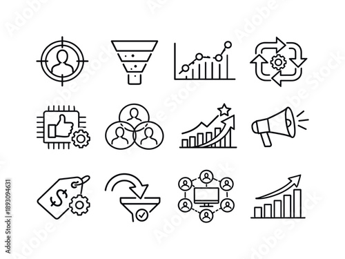AI Marketing Icon Set. AI Marketing and Sales. Line icon set of AI Marketing and Sales: target audience icon, sales funnel, predictive sales chart, campaign