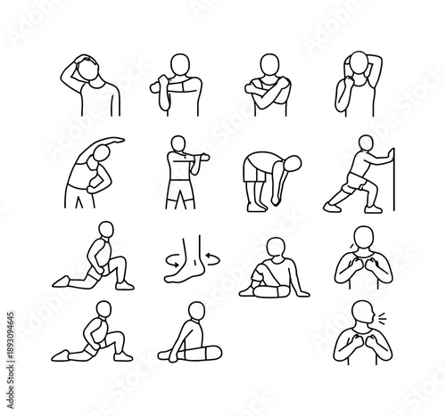 Stretching Exercise Icons. Doing stretches before a workout. Line icon set of Doing stretches before a workout: neck stretch, shoulder stretch, arm cross