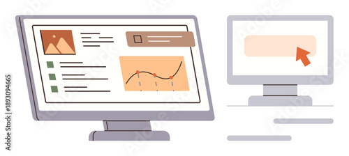 Data analysis, project management, digital tools, business planning, computing interface, modern workplaces. Two computer screens display graphs, documents and icons. Data analysis and project