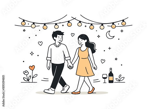 Romantic Evening Stroll. Evening romantic date. A couple walking together under string lights or lanterns, holding hands and softly smiling. Calm, dreamy mood