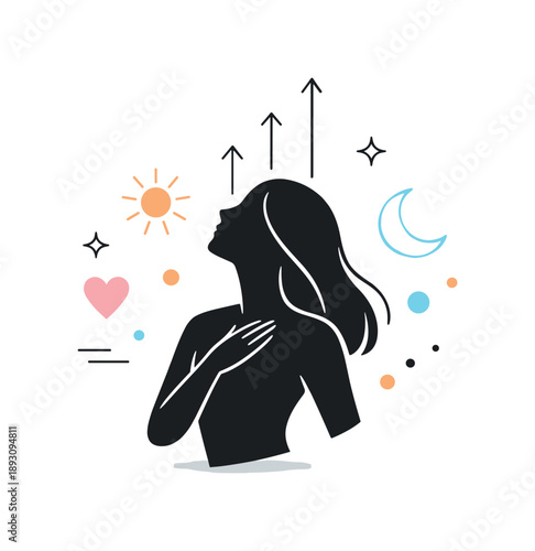 Empowered Female Silhouette. Strong women concept illustration. An abstract female silhouette combined with upward lines and soft symbols, expressing inner