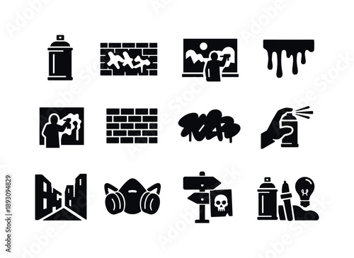 Street Art Icons. Exploring street art and graffiti. Solid icon set of exploring street art and graffiti: spray paint can, graffiti wall, street mural, paint