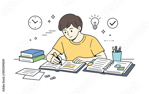Focused Study Session. Studying for exams. A learner reviewing materials, highlighting notes and organizing pages. Focused mindset and quiet determination in a