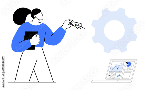 Team management, data analysis, business strategy, problem-solving, teamwork, growth planning. A person holding glasses, gear icon and screen with charts. Data analysis and business strategy concept