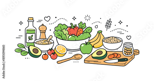Fresh Healthy Ingredients. Healthy cooking ingredients. Fresh fruits, vegetables, and grains laid out neatly on a table with simple kitchen tools. Freshness,