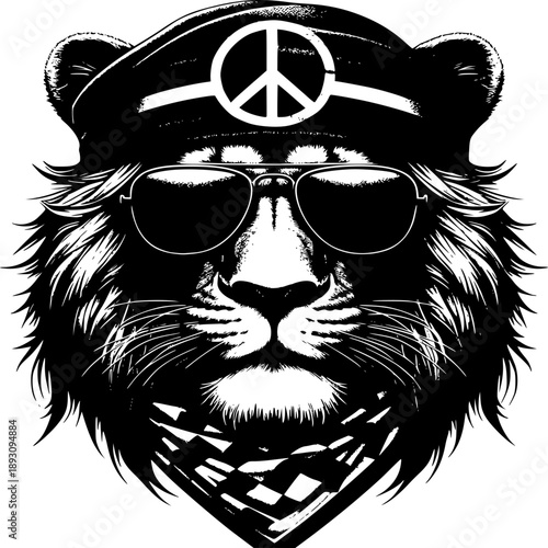 Rebellious Lion: A powerful lion, sporting a cool hat, sunglasses, and a peace symbol, radiates an aura of cool rebellion, individuality, and a hint of counter-cultural charm.