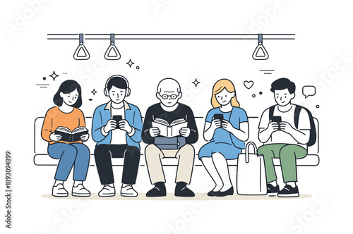Subway Focus. Subway passengers reading and scrolling. Commuters focused on phones and books during the ride, peaceful concentration and personal moments.