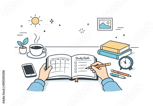 Morning Study Motivation. Self education scene. A morning desk setup with natural light, coffee, planner, and a person starting a study session. Peaceful