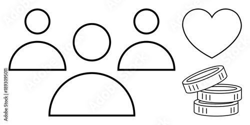 Business teamwork, social networks, charity, donation, community building, financial support. Minimalist line drawings of people, heart and coins. Highlighting teamwork and charity ideas