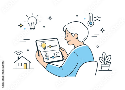 Smart Home Comfort. Technology for independent living. Person using smart home controls on a tablet, managing lights and temperature with ease. Calm everyday
