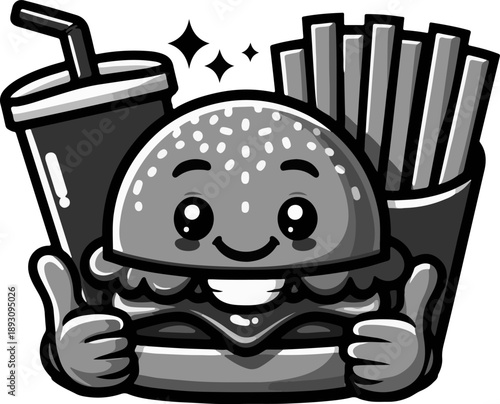 Charming Mascot Design for Food Delivery Apps or Snack Brands An Expressive Hamburger with Rosy Cheeks, Inviting Viewers to Enjoy a Delicious Combo with a Drink