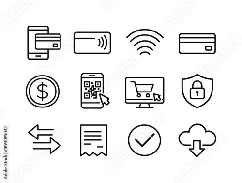 Digital Payments Icons. Digital payments. Line icon set of Digital payments: smartphone payment, contactless card, nfc waves, credit card, coin symbol, qr code
