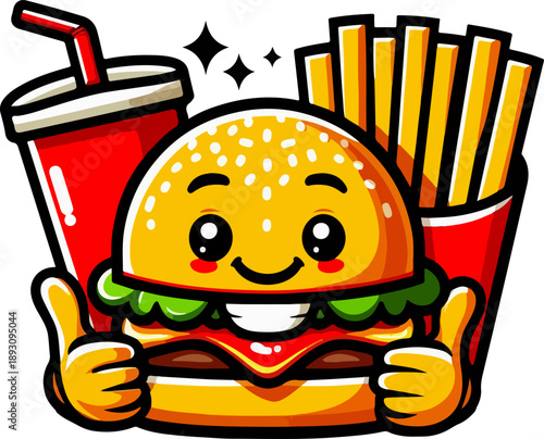 Charming Mascot Design for Food Delivery Apps or Snack Brands An Expressive Hamburger with Rosy Cheeks, Inviting Viewers to Enjoy a Delicious Combo with a Drink