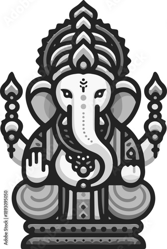 Charming Minimalist Vector Illustration of Hindu God Ganesha Sitting in Lotus Pose, Featuring Bold Outlines and a Soft Pink and Orange Color Palette 