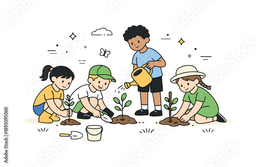 Children Planting Trees. Children planting trees as a group. Simple editorial scene showing growth, care and hope for the future through small actions.