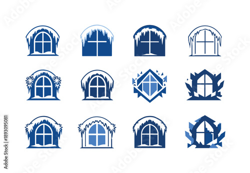 Frosty Logo Collection. Frosty Window. Icon set. Set Logo of Frosty Window: condensed cold window edge. harmonious logo variations of the same emblematic