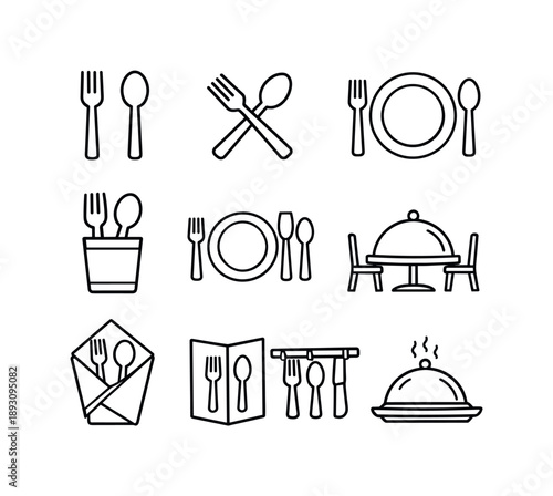 Fork Spoon Icons. Fork Spoon. Line icon set of Fork Spoon: fork, spoon, crossed fork and spoon, plate with fork and spoon, cutlery holder, table setting,