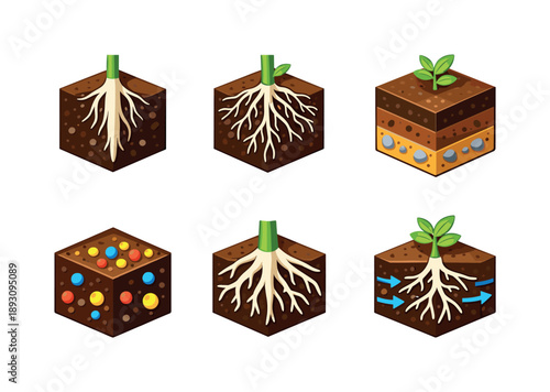 Root System Icons. Root growth. Isometric flat vector icons set of root growth: downward root system, branching root hairs, soil cross section block, nutrient