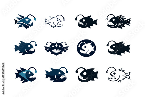 Deep Sea Logos. Fish in the deep. Icon set. Set Logo of Fish in the deep: mysterious deep-sea creature. harmonious logo variations of the same emblematic