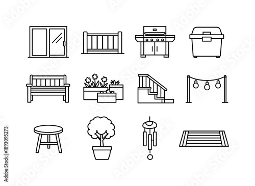 Backyard Deck Icons. Backyard Deck. Line icon set of Backyard Deck: patio door, railing panel, grill station, cooler box, outdoor bench, planter set, deck