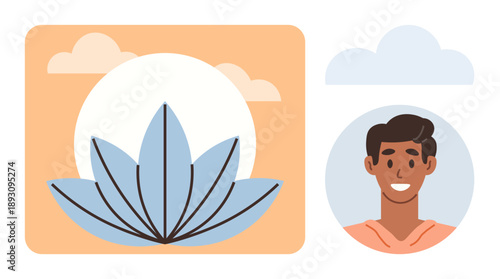 Wellness, mindfulness, self-care, harmony, mental health, personal growth. A lotus emblem with a serene backdrop and a smiling person. Wellness and mindfulness concept