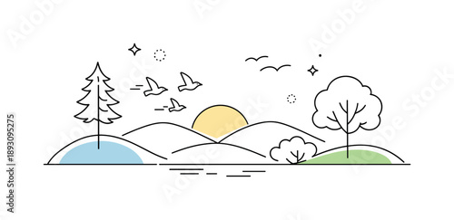 Minimalist Nature Silhouettes. Nature silhouettes and outlines. A calm editorial composition with simple silhouettes of trees, hills and birds drawn in thin