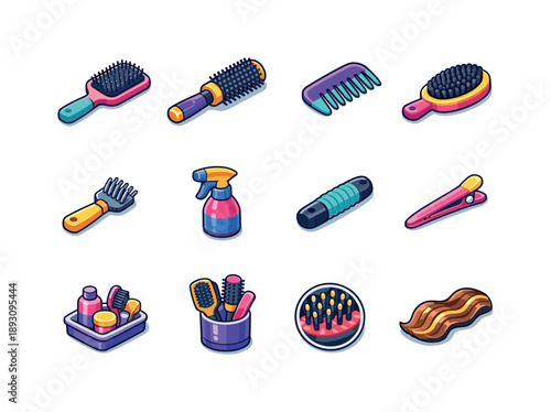 Colorful Hair Tool Icons. Hair brushing tools. Colorful isometric vector icons set of Hair brushing tools: paddle brush, round brush, detangler comb, bristle