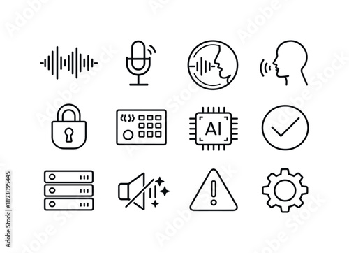 Voice Access Icons. Voice Recognition Access. Line icon set of Voice Recognition Access: sound wave profile, microphone sensor, voice scan circle, user