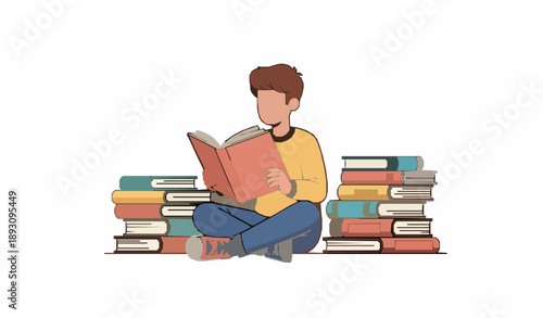 Cartoon book lover vector illustration reading literature and gaining knowledge on white background