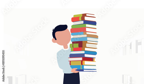 Cartoon student holding stack of books vector illustration for education and library concept