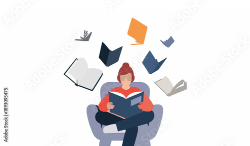 Book lover cartoon vector illustration reading and learning with floating books on white background