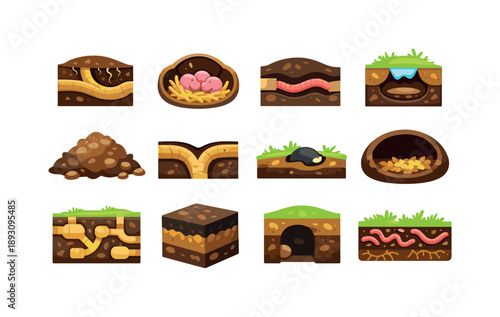 Colorful Mole Tunnels. Mole tunnels. Colorful flat vector icons set of mole tunnels: tunnel cross-section, nest chamber, feeding tunnel, ventilation pocket,