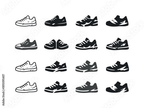 Scuffed Shoe Logos. Scuffed Shoes. Icon set. Set Logo of Scuffed Shoes: worn sneaker with scratches. harmonious logo variations of the same emblematic concept,