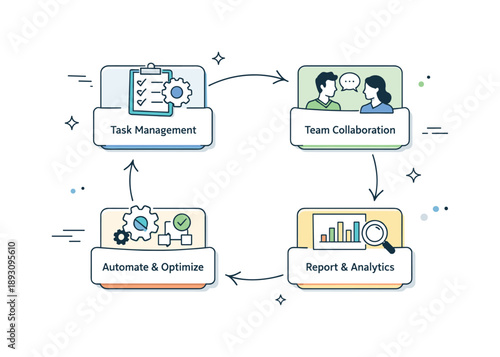 Efficient Workflow Loop. Business workflow system. Modular blocks connected in a loop, representing continuous office operations and efficiency.