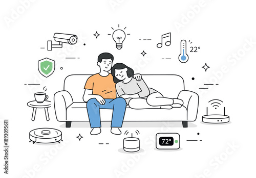 Tranquil Smart Home Living. Home automation and smart home systems. A couple relaxing on a sofa while smart devices operate quietly in the background, icons