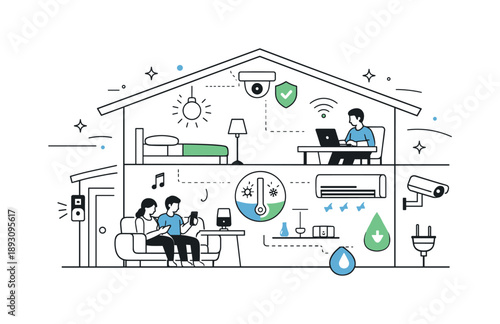 Smart Home Harmony. Home automation and smart home systems. A smart house cutaway showing connected devices like lighting, security, and climate icons working