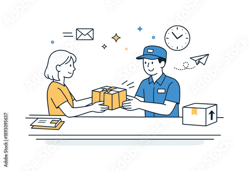 Package Exchange Moment. Sending gifts by mail post office. Person handing a package to a postal worker across a counter. Simple exchange and reliable delivery