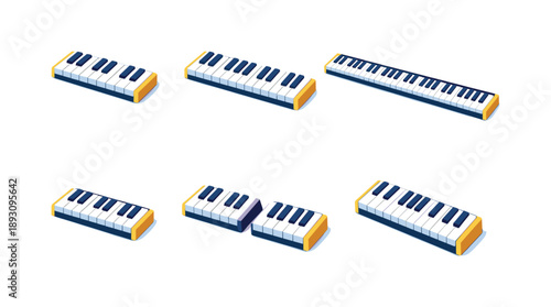 Colorful Keyboard Grid. Keyboard Sections. Isometric flat vector icons set of Keyboard Sections: two-octave keyboard, three-octave keyboard, full piano