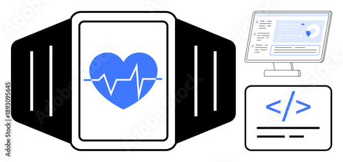 Healthcare, remote monitoring, technology integration, online data, telemedicine, smart devices. Smartwatch with heart icon, coding visuals and monitor display. Healthcare and remote monitoring