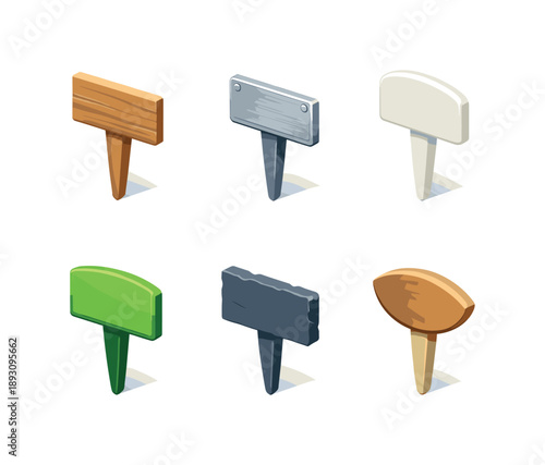 Marker Materials Grid. Marker Materials. Isometric flat vector icons set of Marker Materials: wood label stake, metal engraved tag, ceramic glazed marker,