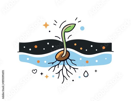 Seedling Emergence. From seed to sprout. A seed underground sends roots downward while a green shoot reaches toward the surface. Life beginning,