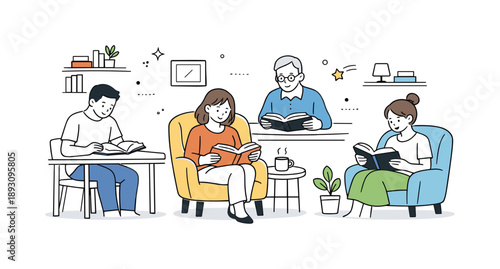 Tranquil Library Reading. Library visitors reading quietly. People seated at desks or cozy chairs with open books, calm and focused expressions. Peaceful